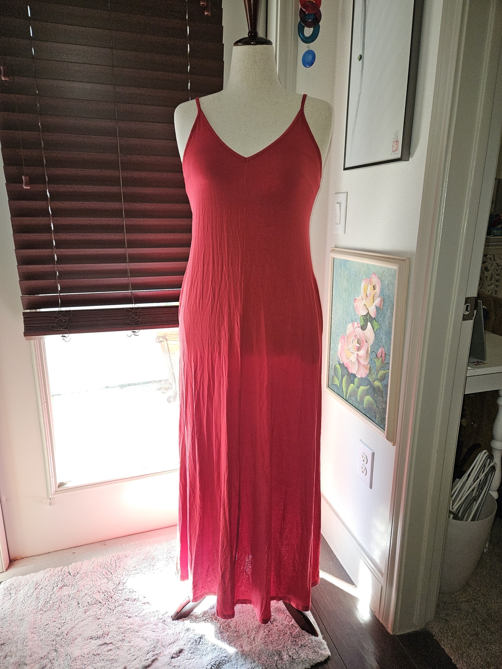 Skivy Red V-Neck Maxi Slip Dress with Spaghetti Straps
